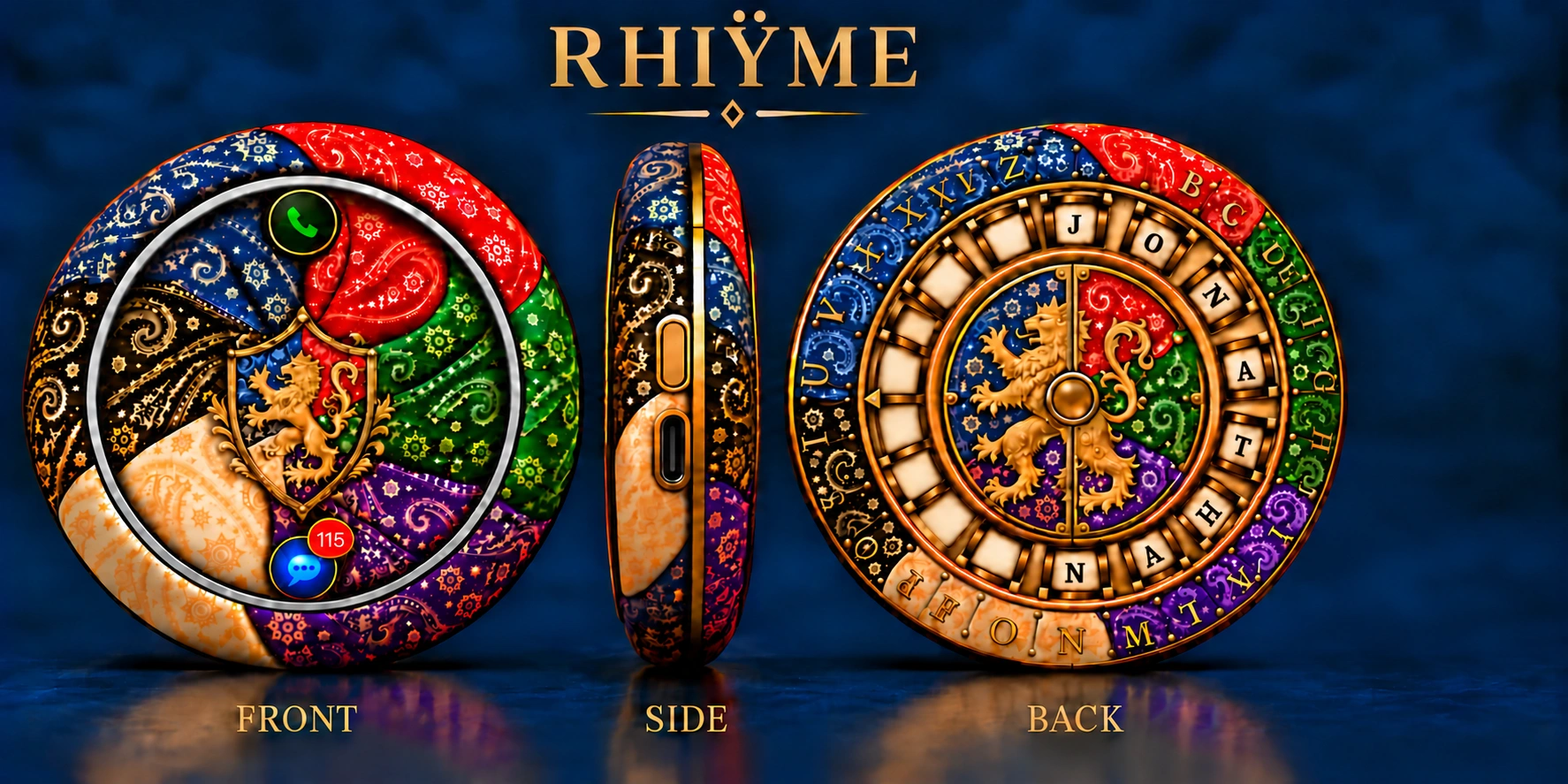 RHIŸME PC original desktop with silver ring, Phone and Messages on front; JONATHAN mechanical dial on back; separate scope mode inset